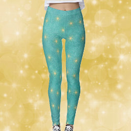 Pretty Vibrant Teal with Gold Glowing Stars Leggings