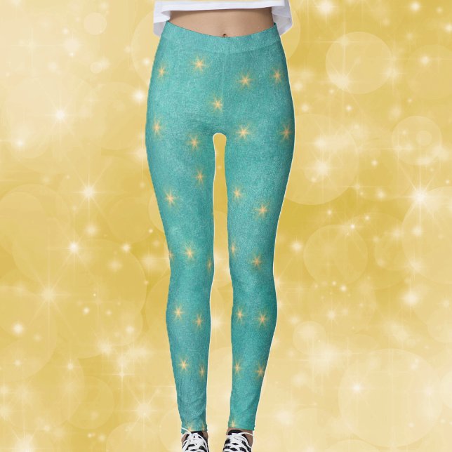 Pretty Vibrant Teal with Gold Glowing Stars Leggings (Vibrant teal coloured Chrismtas womans leggins with bright glowing gold stars.)
