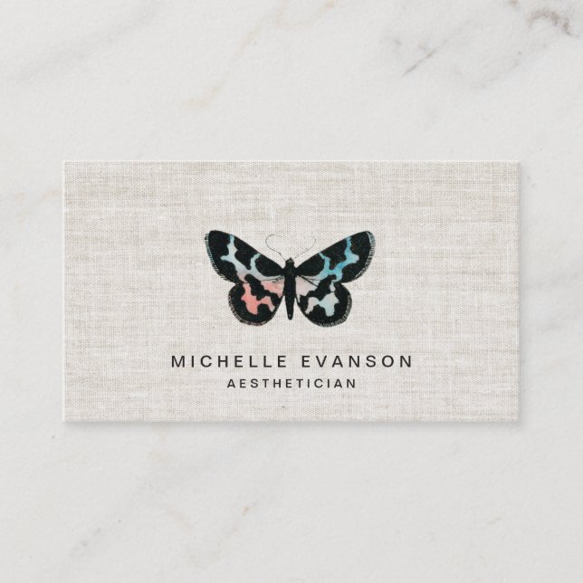 Pretty Watercolor Butterfly Logo Elegant Linen Visitkort (Framsida)