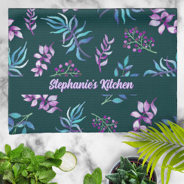 Pretty Watercolor Floral Garden Personalized Kökshandduk