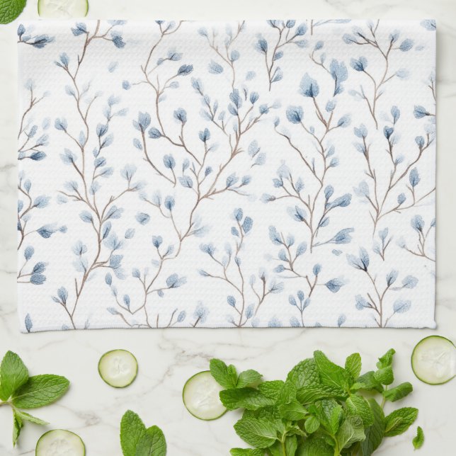 Pretty White Blue Floral Bridal Shower Kökshandduk (Vikta)