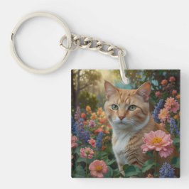 Pretty white orange cat in floral garden