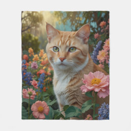 Pretty white orange cat in floral garden fleecefilt