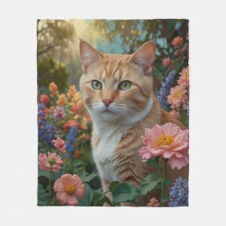Pretty white orange cat in floral garden fleecefilt