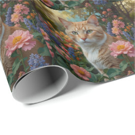 Pretty white orange cat in floral garden presentpapper