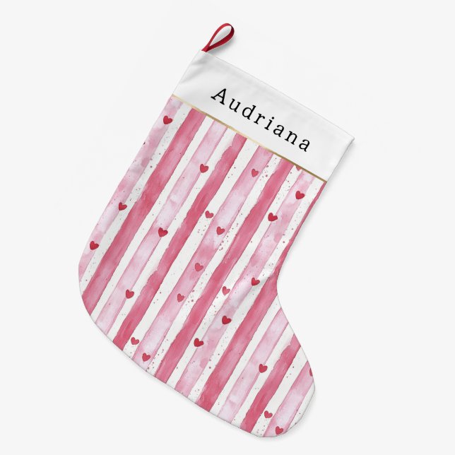 Pretty White Pink Hearts Stripes Christmas Stor Julstrumpa (Framsidan (Hängande))