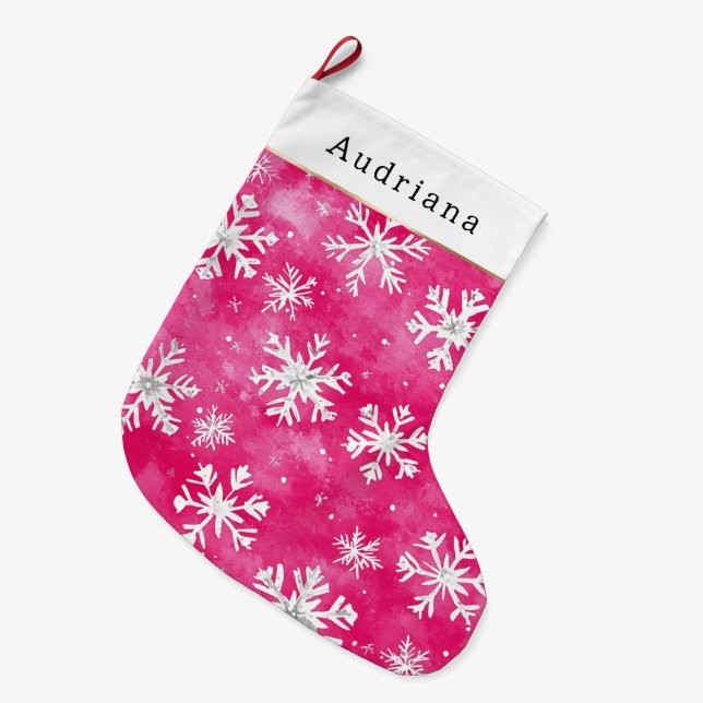 Pretty White Pink Silver Snowflakes Christmas Stor Julstrumpa (Framsidan (Hängande))