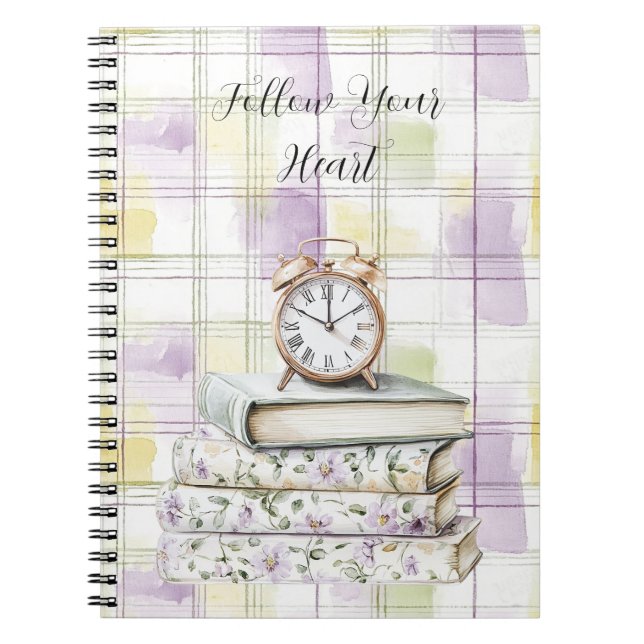 Pretty Yellow Purple Floral Books Alarm Clock Anteckningsbok (Framsidan)