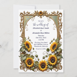 Pretty Yellow sunflower with art frame wedding Inbjudningar