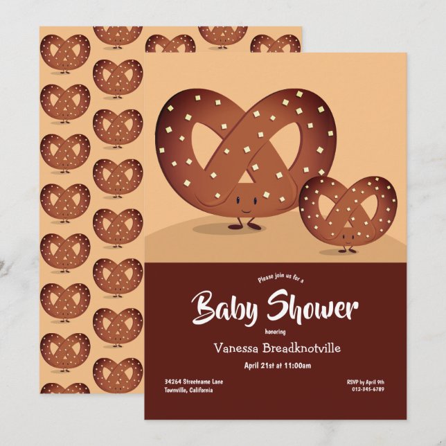 Pretzel Baby Shower Brown Foodie Cute Tecknad Inbjudningar (Fram/baksida)