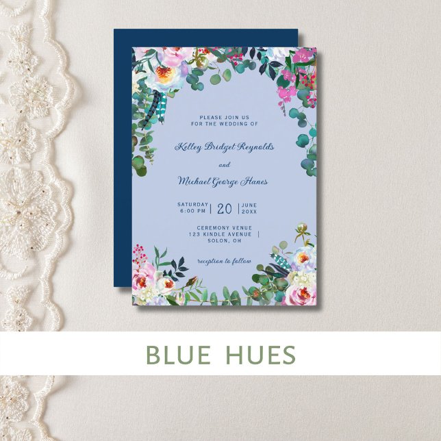 Preussisk blå & blåviolett boho paradis blomster inbjudningar (Prussian blue and periwinkle watercolor floral makes a pretty spring wedding invitation.)