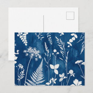 Preussisk Indigo Blå Cyanotyp Ormbunke Botanisk Ko Vykort