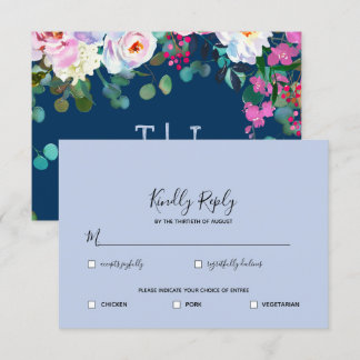Preussisk + Periwinkle Blå Akvarell Blommig RSVP Inbjudningar