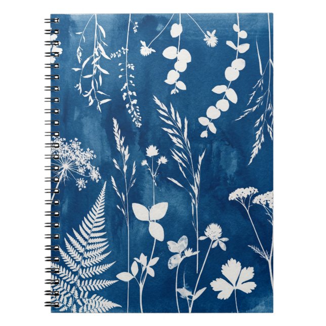 Preussiskt indigo blå cyanotyp ormbunke botanisk k anteckningsbok (Framsidan)