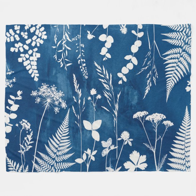 Preussiskt indigo blå cyanotyp ormbunke botanisk k fleecefilt (Framsidan (Horisontell))