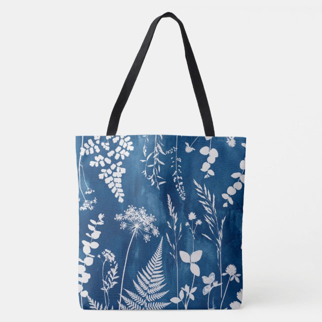 Preussiskt indigo blå cyanotyp ormbunke botanisk k tygkasse (Framsida)