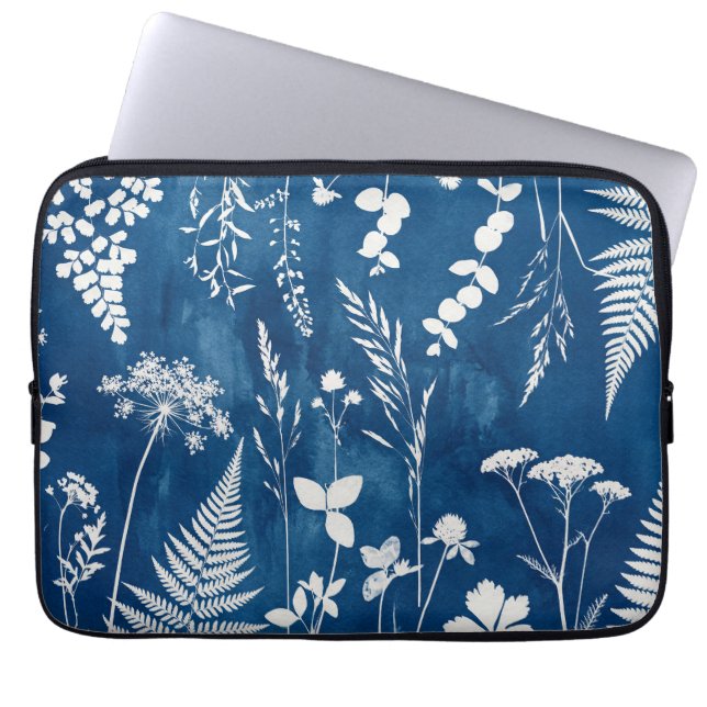 Preussiskt indigoblått cyanotyp ormbunks botaniska laptop fodral (Framsidan)