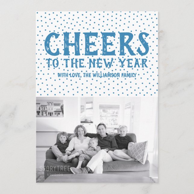 Prickade Skål för det nya året Fotokort | Blå Julkort (Framsida)