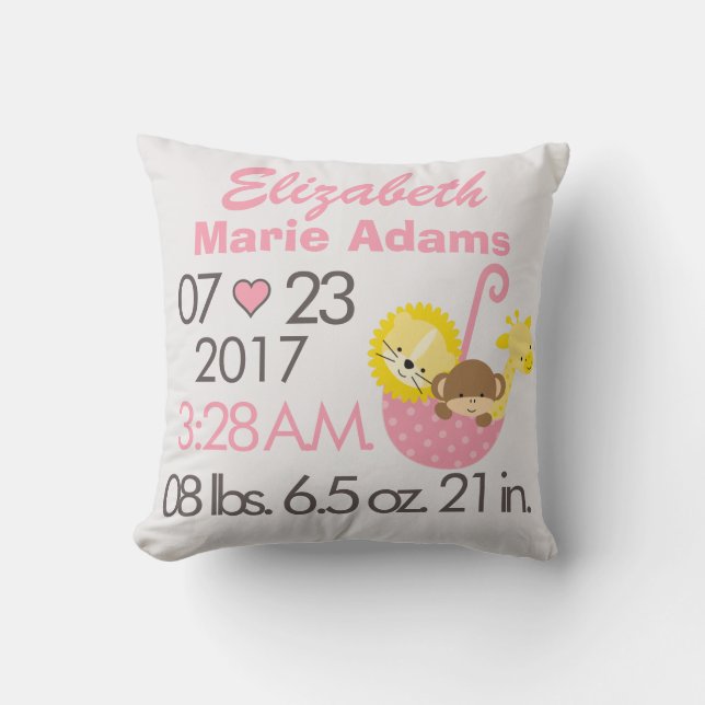 Pricker den rosa djura polkaen för flickan födelse kudde (Framsida)