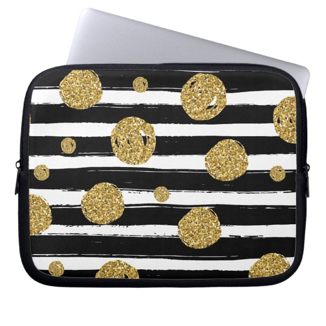 Pricker guld- glitter för Faux svart vitrandar Laptop Sleeve (Framsidan)