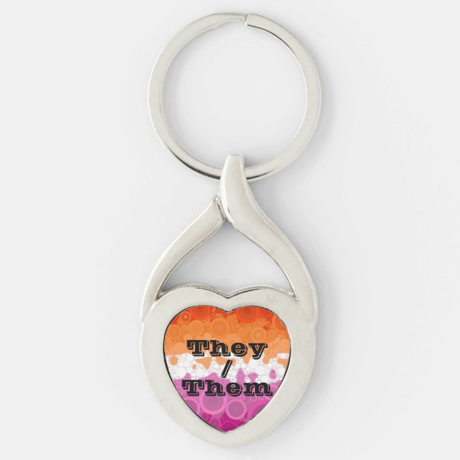 Prickig Anpassningsbar Pronomen Lesbisk Pride Flag Twisted Heart Silverfärgad Nyckelring (Framsidan)