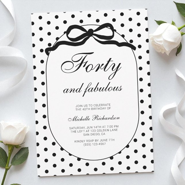 Prickig slinga Fyrtio och fantastisk 40-årsdag Inbjudningar (Polka Dot Bow Forty and Fabulous 40th Birthday Invitation)