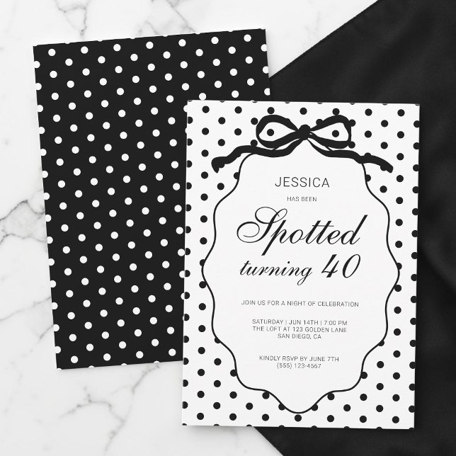 Prickig slinga prickig 40-års födelsedagsfest inbjudningar (Polka Dot Bow Spotted Turning 40th Birthday Party Invitation)