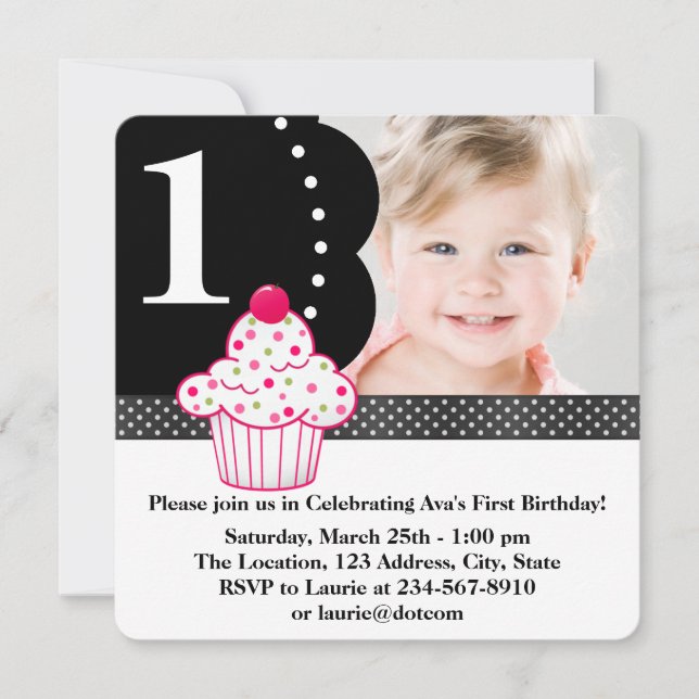 Prickiga Cupcake Flickor Foto 1-års födelsedagsfes Inbjudningar (Framsida)