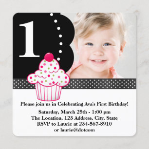Prickiga Cupcake Flickor Foto 1-års födelsedagsfes Inbjudningar