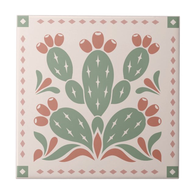 Prickly Pear Cactus - Southwest Folk Pattern Kakelplatta (Framsidan)