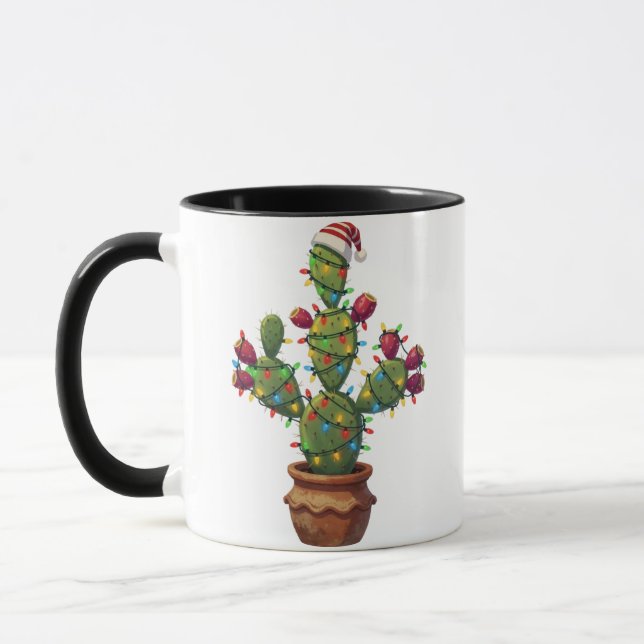 Prickly Pear-Kaktus med Ljusande Färgrik Jul Mugg (Vänster)