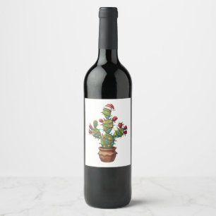 Prickly Pear-Kaktus med Ljusande Färgrik Jul Vinflaska Etikett