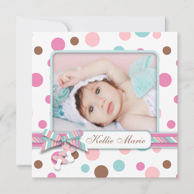 Prickmönstrad flicka födelseannonsering meddelande (Framsida)