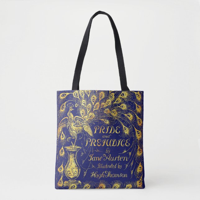 Pride and Prejudice Blue Gold Peacock Book Cover Tygkasse (Framsida)