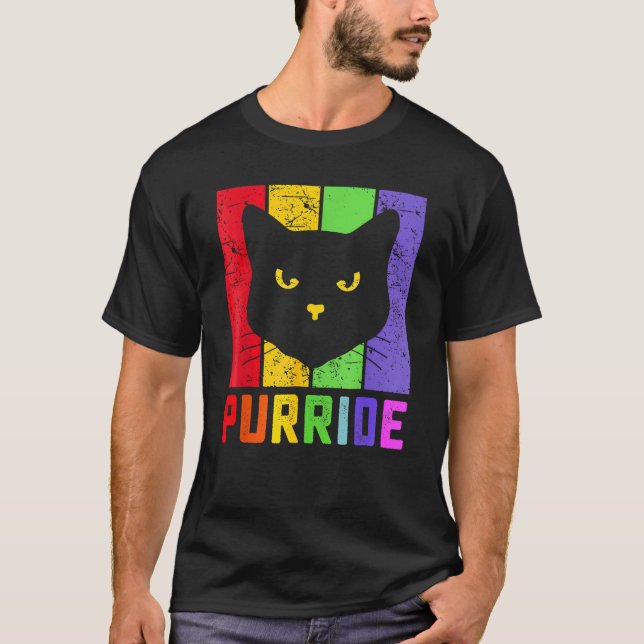 Pride Cat Purride Gay LGBTQ Rainbow Flag Retro Sty T Shirt (Framsida)