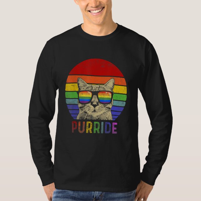 Pride Cat Purride Gay LGBTQ Rainbow Flag Retro Sty T Shirt (Framsida)