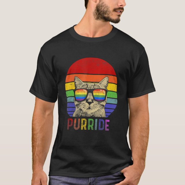 Pride Cat Purride Gay LGBTQ Rainbow Flag Retro Sty T Shirt (Framsida)
