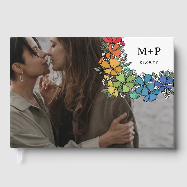 Pride Flowers Monogram Photo LGBTQ Bröllop Gästböcker (Framsida)