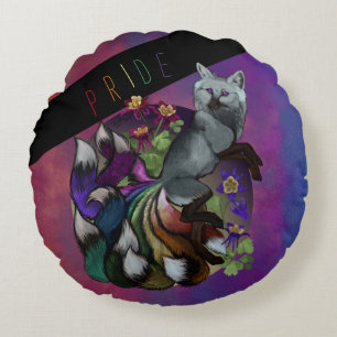 Pride Kitsune och Columbine Flowers Rund Kudde
