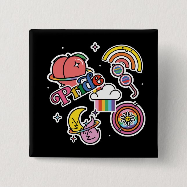 Pride+LGBTQ. pridet kärlek. Regnbåge med blomma Knapp (Framsida)