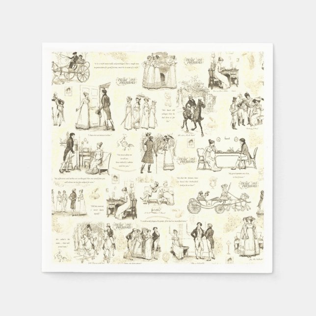 Pride och fördomar Beige Toile Quote Illustration Pappersservett (Framsidan)