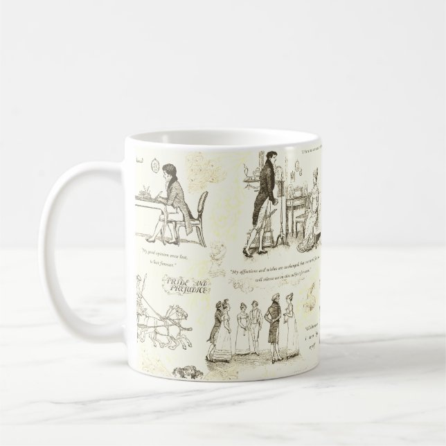 Pride och förfång för Beige Sepia-citat Kaffemugg (Vänster)
