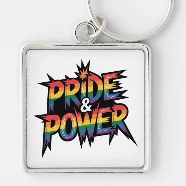 Pride & Power HBTQ Fyrkantig Silverfärgad Nyckelring (Framsidan)