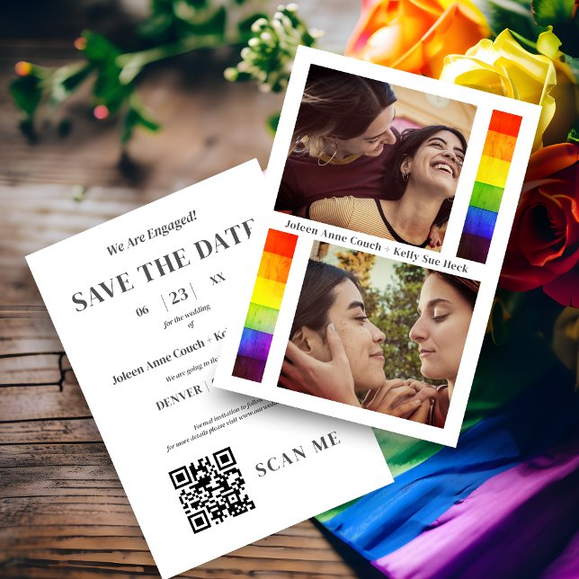 Pride Rainbow Flag Lesbian Gay Wedding 2 Photos Spara Datumet (Pride Rainbow Flag Lesbian Gay Wedding 2 Photos Save the Date Card with Envelope.)