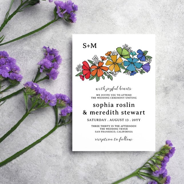 Pride Rainbow Flowers Monogram LGBT Bröllop Inbjudningar (Skapare uppladdad)