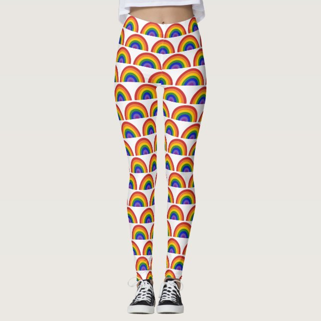 Pridet Bright Rainbow Mönster på White LGBTQ Leggings (Framsida)