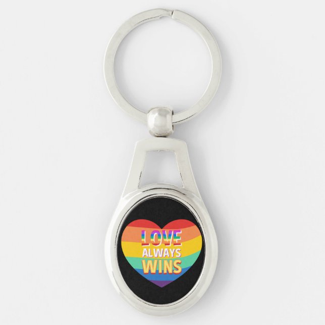 Pridet gay-kärlek vinner alltid. Rainbow färg. Ovalt Silverfärgad Nyckelring (Framsidan)