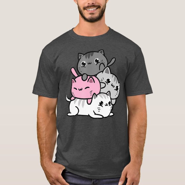 Pridet Kawaii Cat Pile Demigirl T Shirt (Framsida)