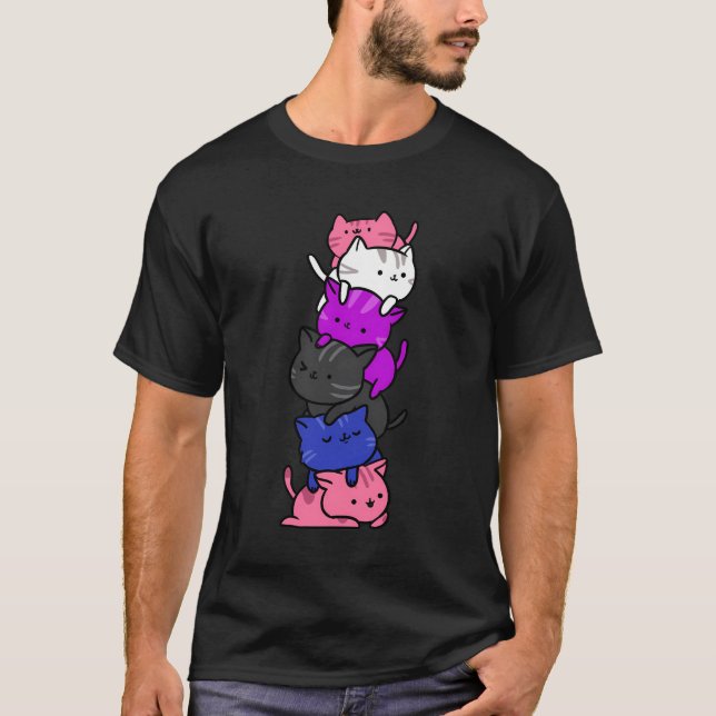 Pridet Kawaii Cat Pile Genderfluid T Shirt (Framsida)