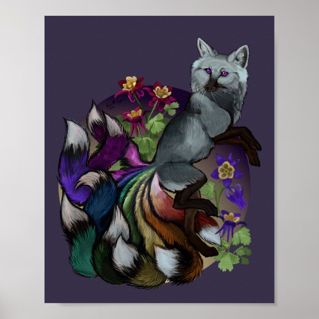 Pridet Kitsune och Columbine Flowers Poster (Framsidan)